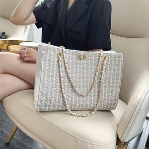 Women's chain link Woven handbag Houndstooth pattern handbag Tweed Neutral